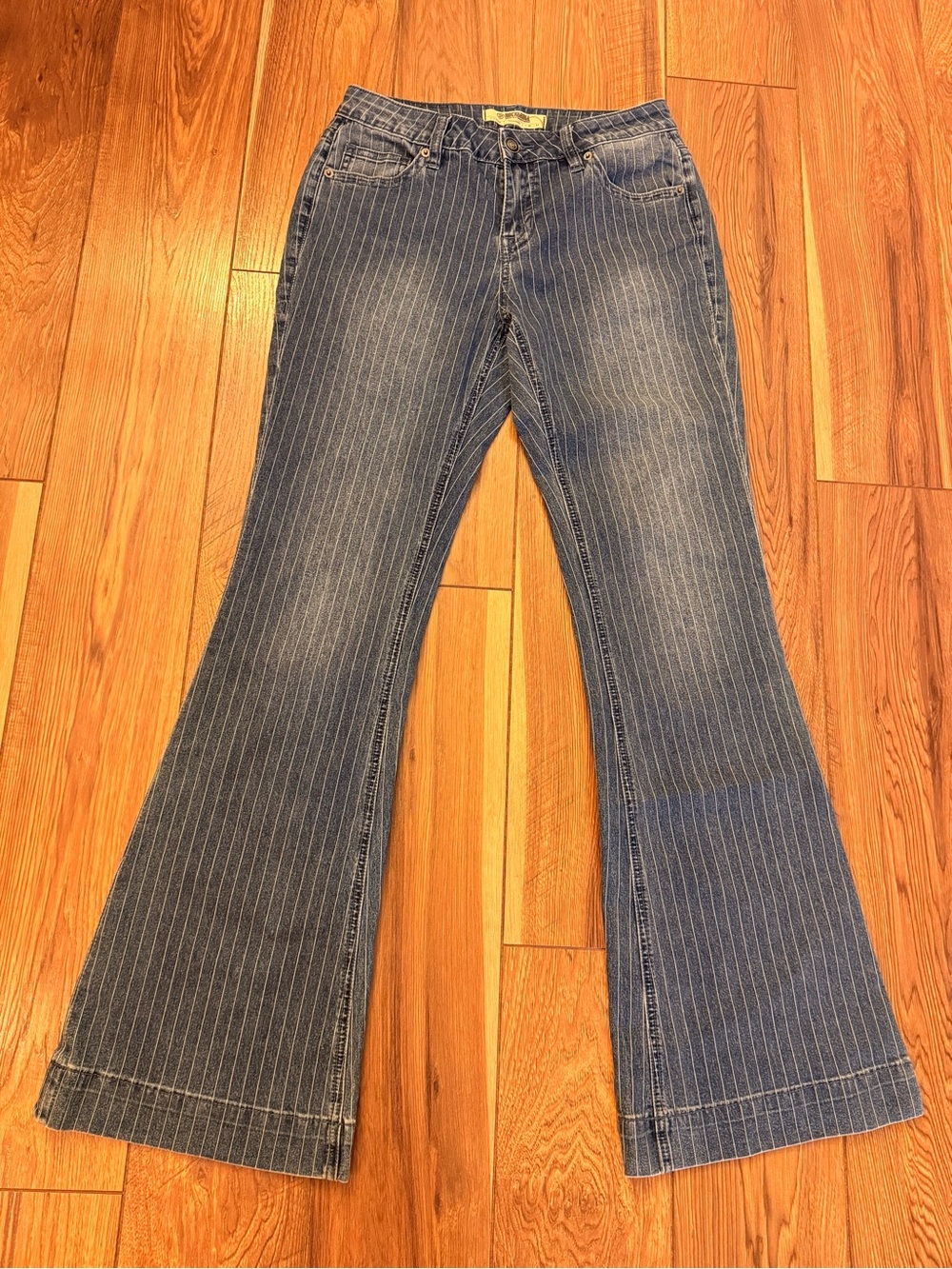 Classic Blue Pinstripe Flare Jeans for Women